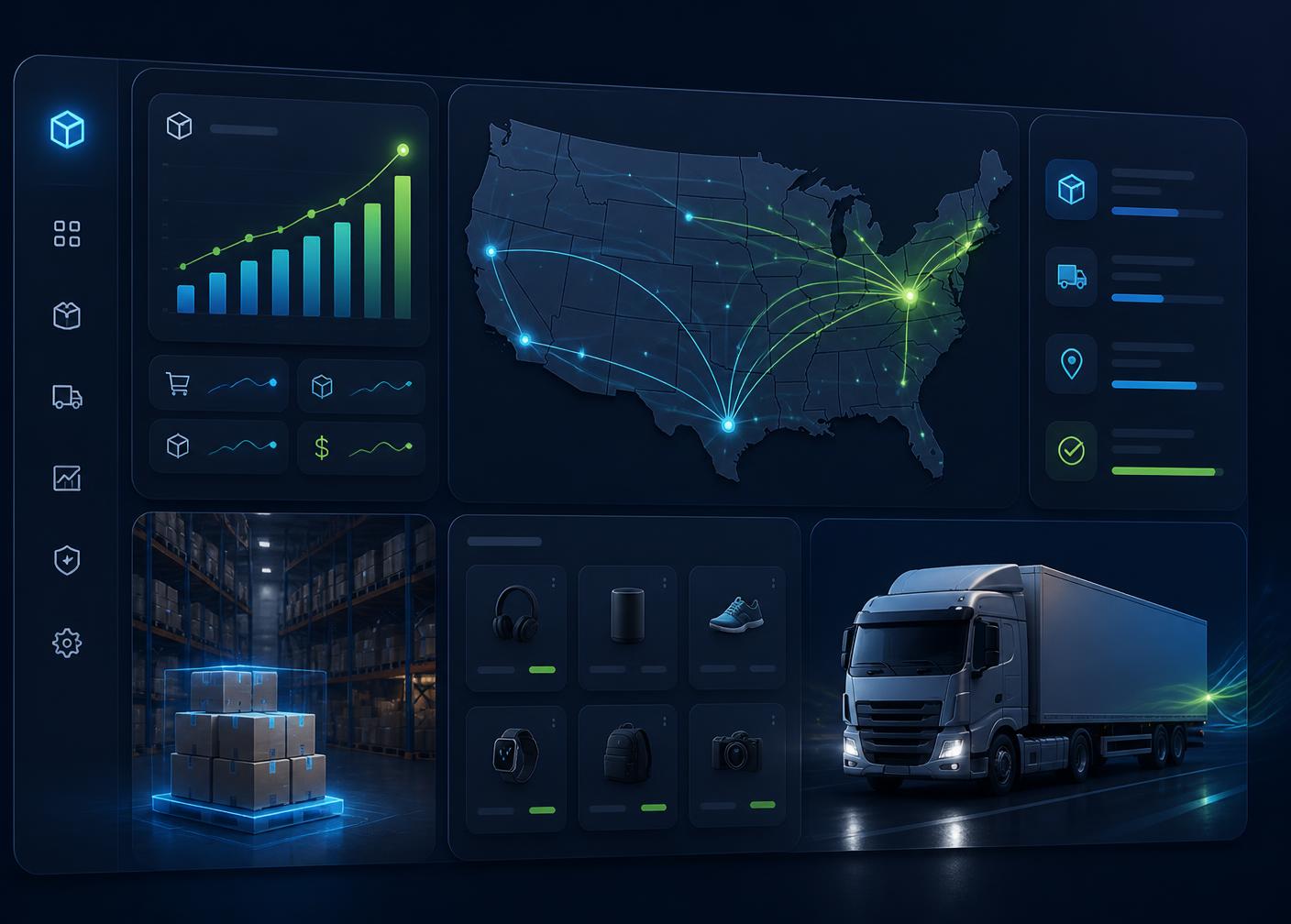 Shuvo Drop warehouse dashboard showing US shipping routes, live order analytics, and same-day fulfillment